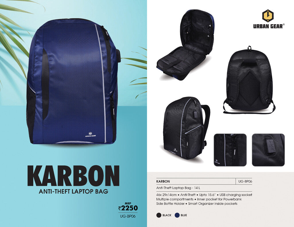 KARBON - Anti-theft Laptop Bag with USB Charging and Smart Organizer Inside Pockets - 24 L