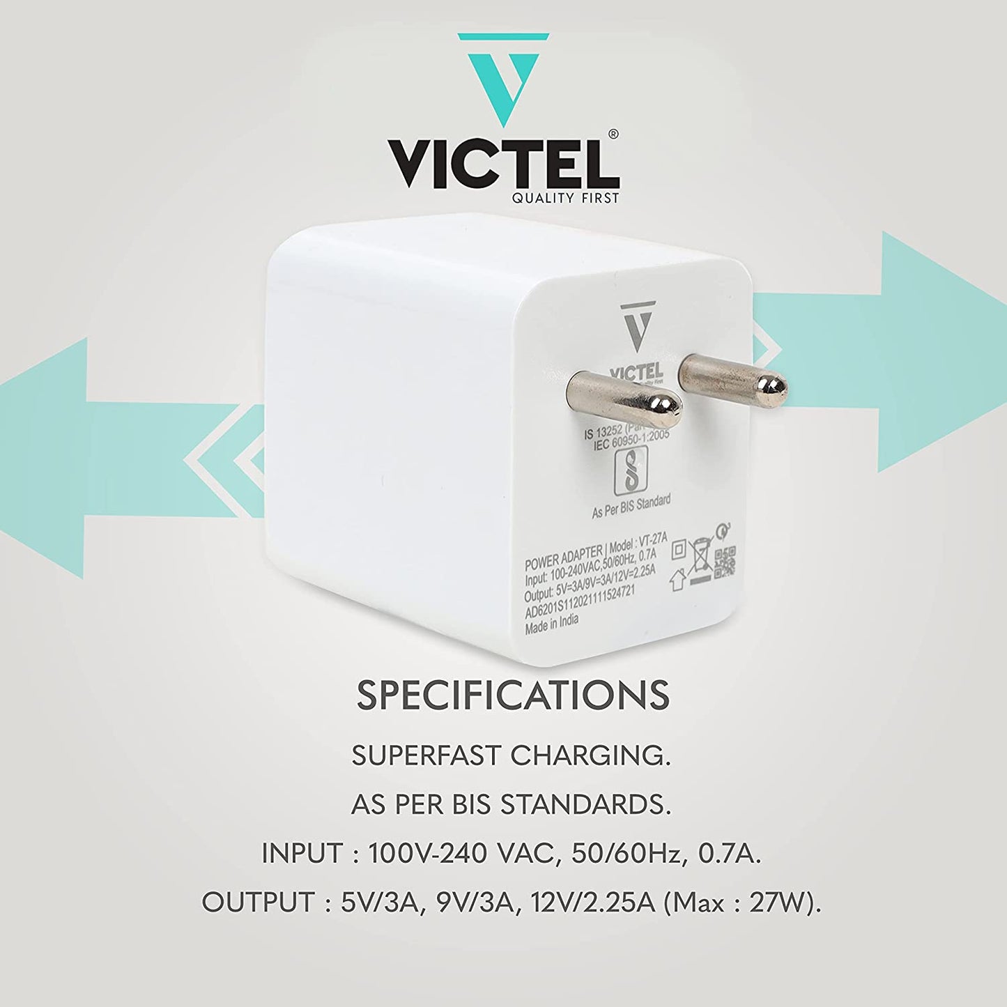 VICTEL® 27W Adapter Wall Charger | SUPERFAST Charging | All QUALCOMM QC Products Supported