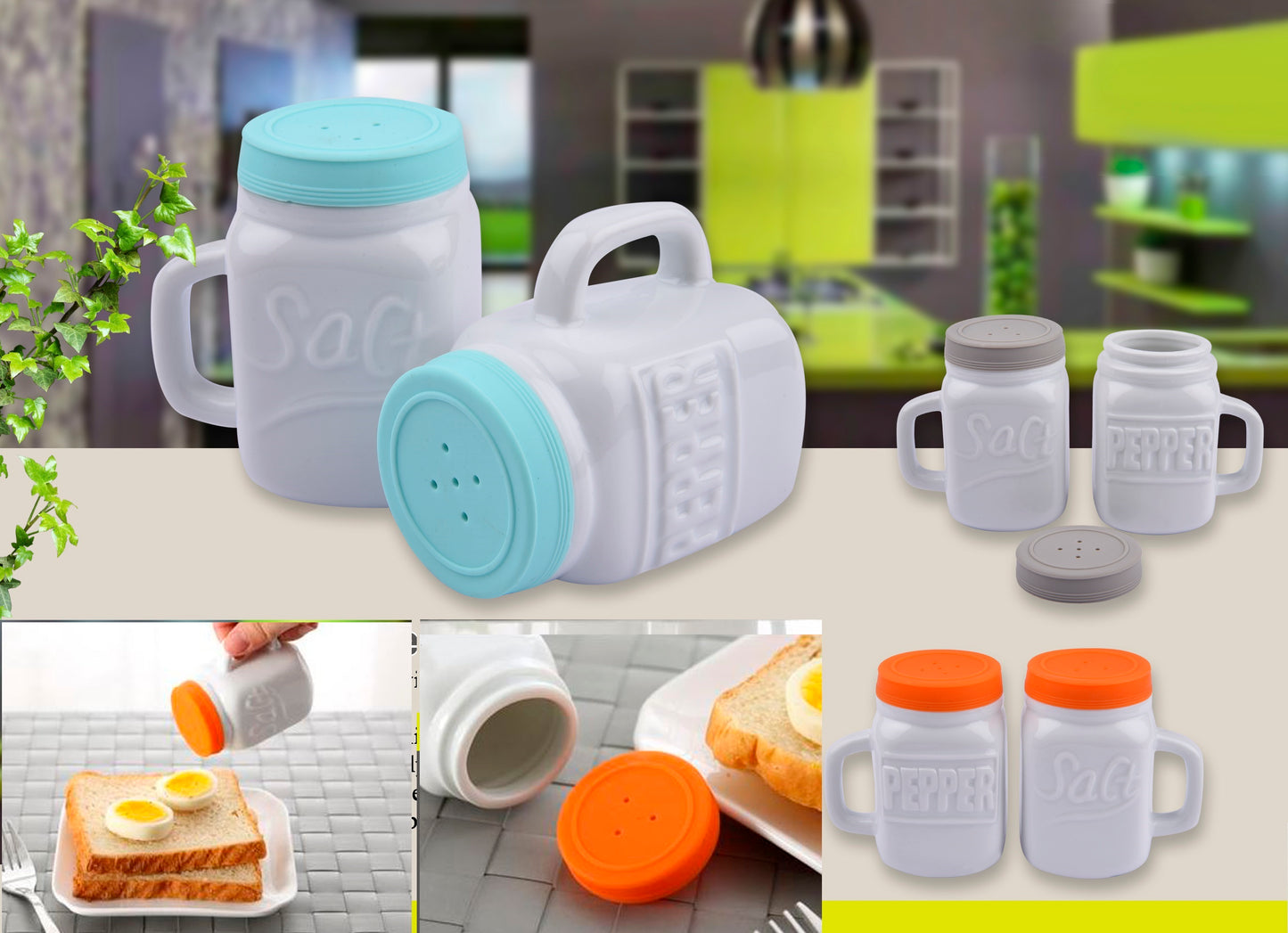 Ceramic Salt and Pepper Shaker with Silicone Lid(Mason Jar)(Set of 2)