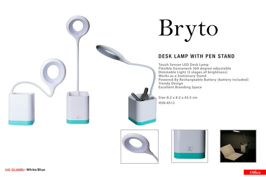 Flexible Neck LED Study Lamp with Pen Stand, Rechargeable, Touch-Sensitive Switch